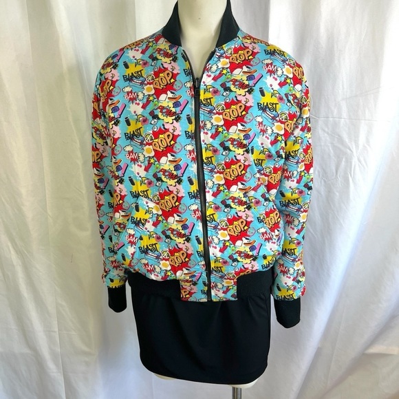 COMIC BOOK BOMBER JACKET CARTOON POW POP GRAPHIC BLUE RED MULTICOLOURED MEDIUM - Picture 5 of 12